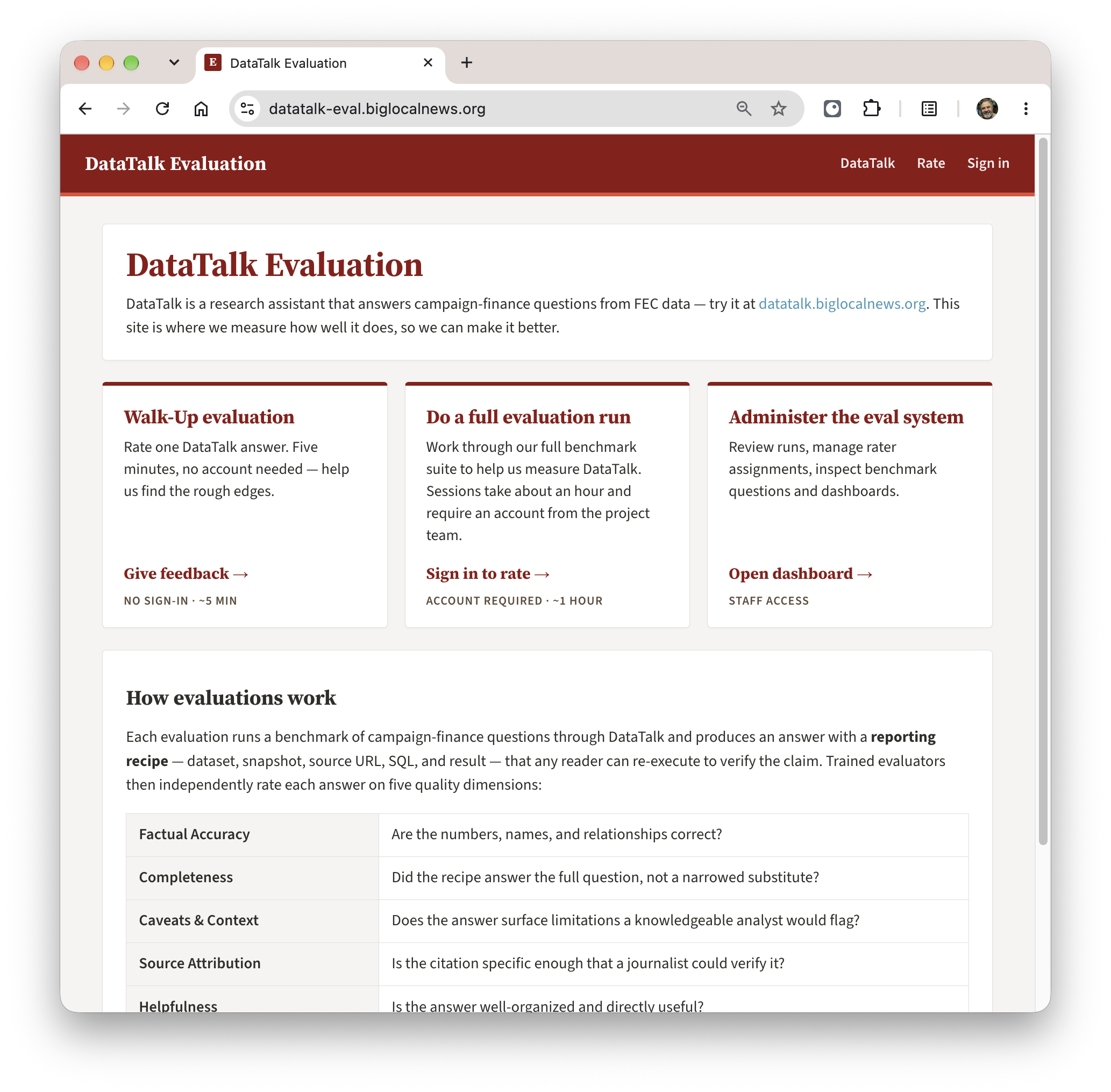 Screenshot of the DataTalk eval system home page