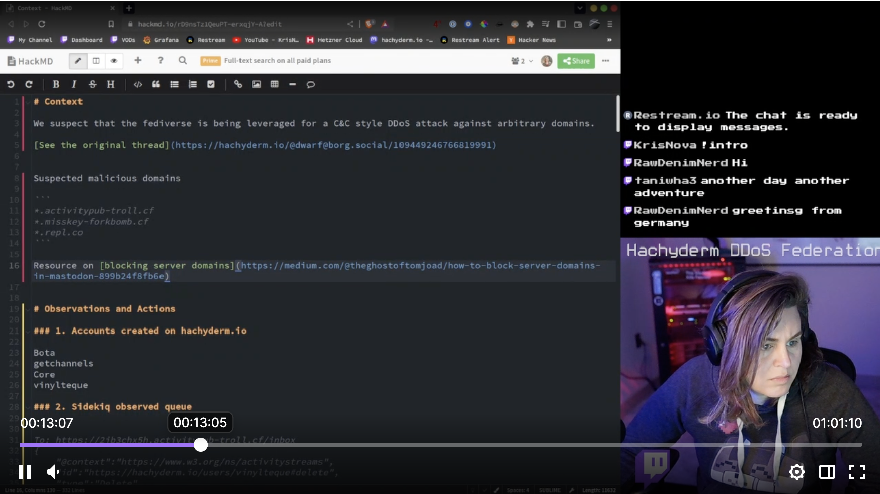 screenshot of @nova live-debugging Hachyderm on Twitch